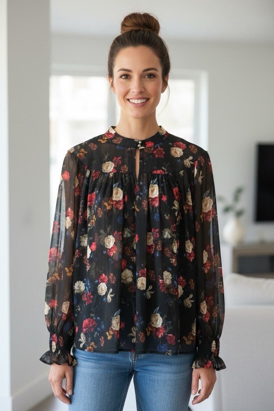 Lucky Brand Women's Floral Sheer Keyhole Long Sleeve Size 3X Boho Peasant Blouse